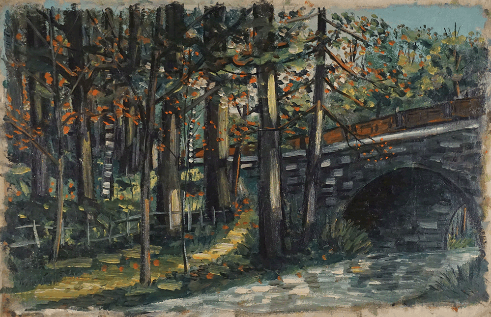 Railway bridge with boxcars